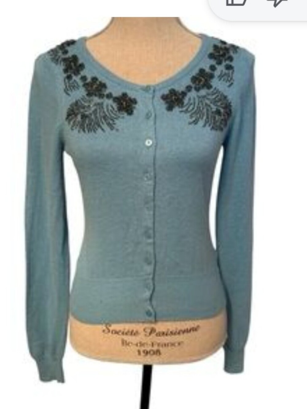 Knitted & Knotted Anthropologie Blue Beaded Angora Cardigan Sweater Coquette M/L